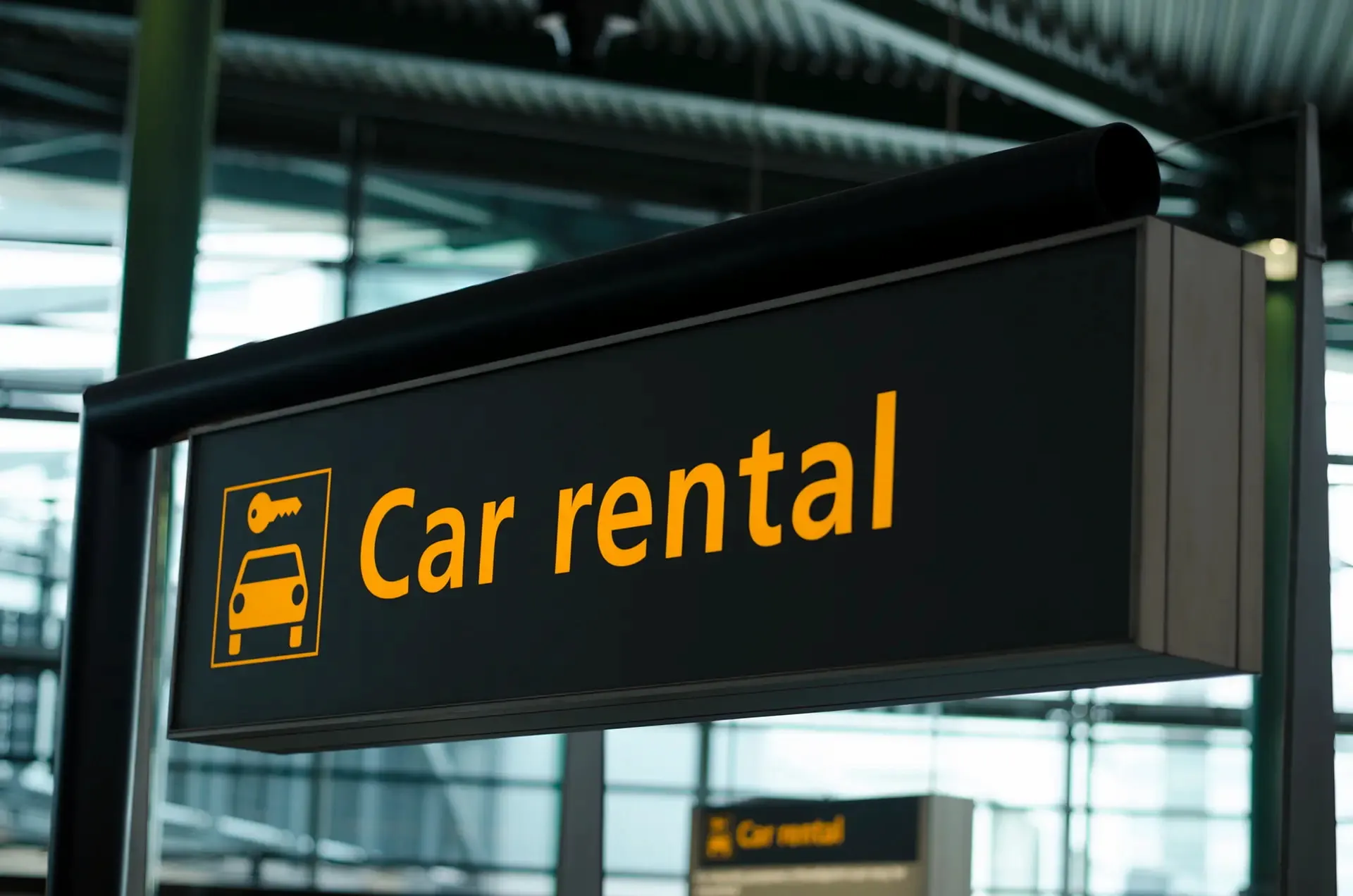 An illuminated black airport directional sign with bright yellow text reading 'Car rental' next to a matching icon of a car and a key, hanging from the ceiling of a modern terminal building.