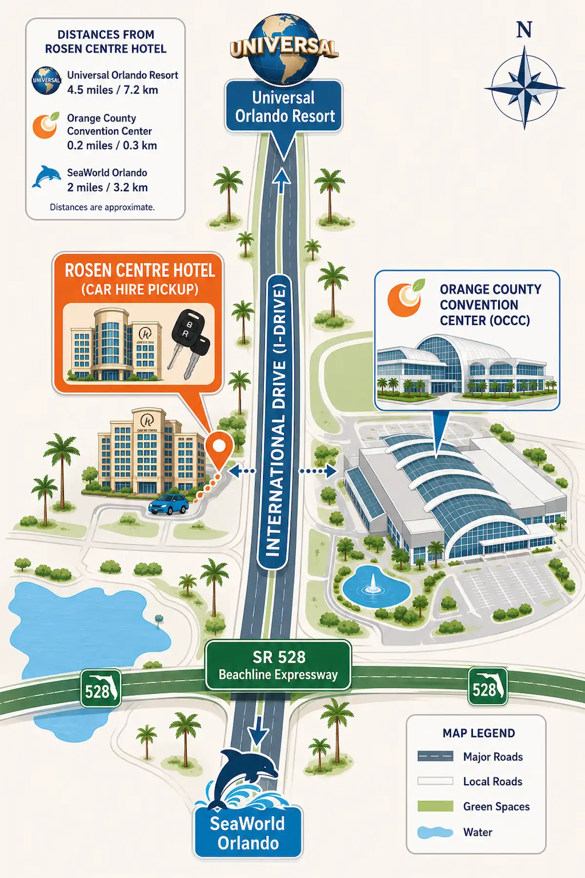 Orlando Car Hire: Rosen Centre & International Drive Proximity Map Map showing the location of the Rosen Centre car hire pickup point relative to the Orange County Convention Centre on International Drive.