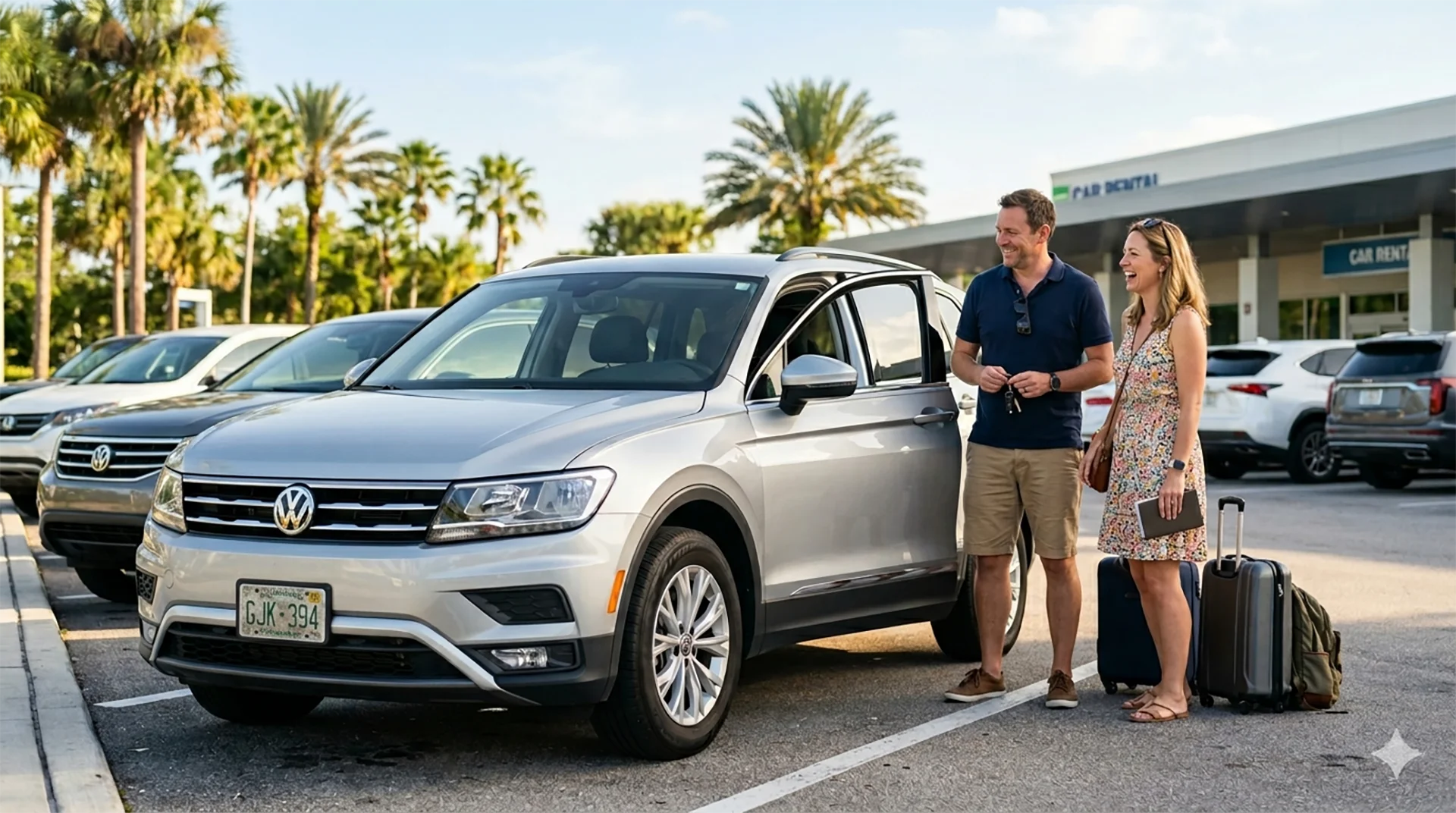 A smiling man holding car keys and a woman holding a travel wallet standing next to their luggage by a silver Volkswagen SUV hire car with a Florida license plate reading GJK 394. In the background are palm trees and a building with blue signs reading 'CAR RENTAL'.
