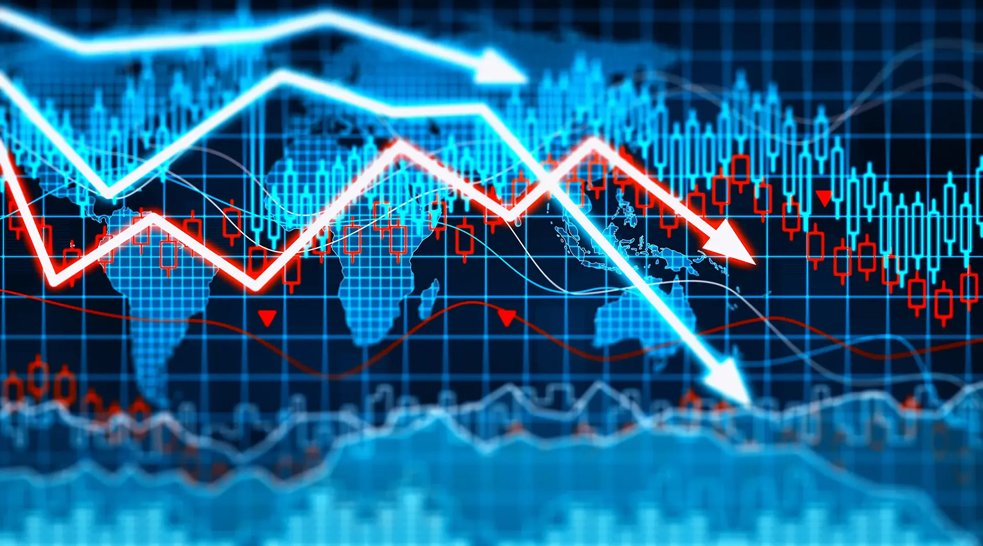 A digital financial graph displaying bright blue and red data trends with large glowing white and red arrows pointing sharply downward against a dark blue world map grid, illustrating falling prices.