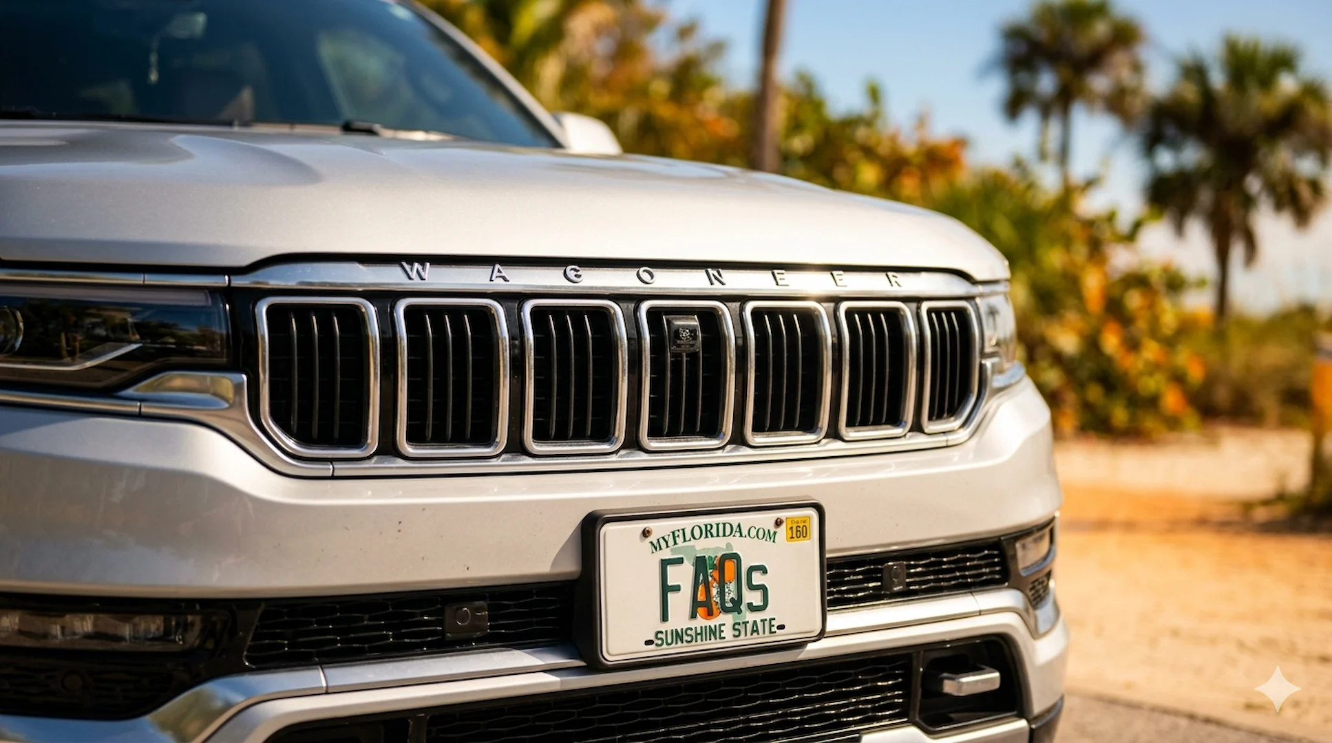 A close-up of a silver Jeep Wagoneer front grille featuring a custom Florida Sunshine State license plate that reads the word 'FAQs', set against a blurred background of palm trees.