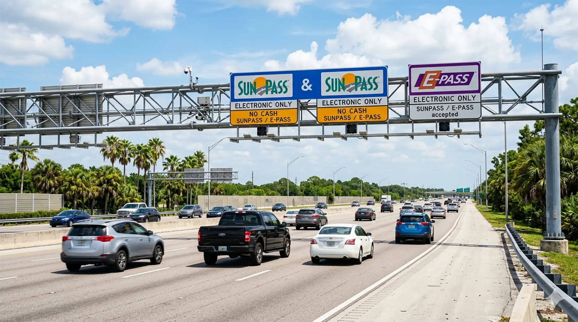Cars driving on a multi-lane Florida highway under an overhead metal gantry displaying electronic toll signs. The signs read 'SunPass ELECTRONIC ONLY NO CASH' and 'E-PASS ELECTRONIC ONLY', surrounded by palm trees under a sunny sky.