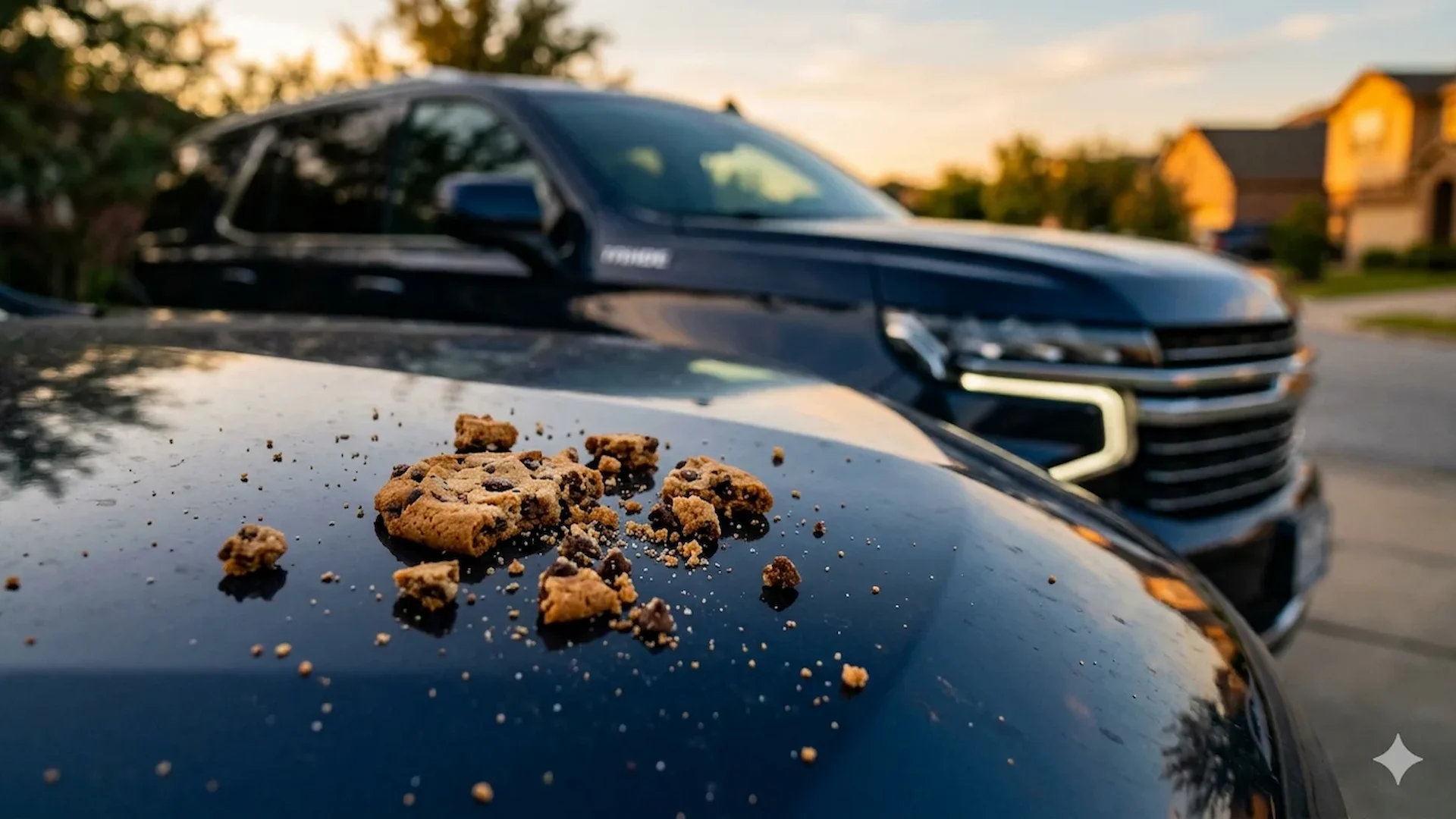 A playful visual pun showing crumbled chocolate chip cookies resting on the bonnet of a dark blue SUV hire car at sunset, used to illustrate the Smarter Car Hire Florida website cookie policy.
