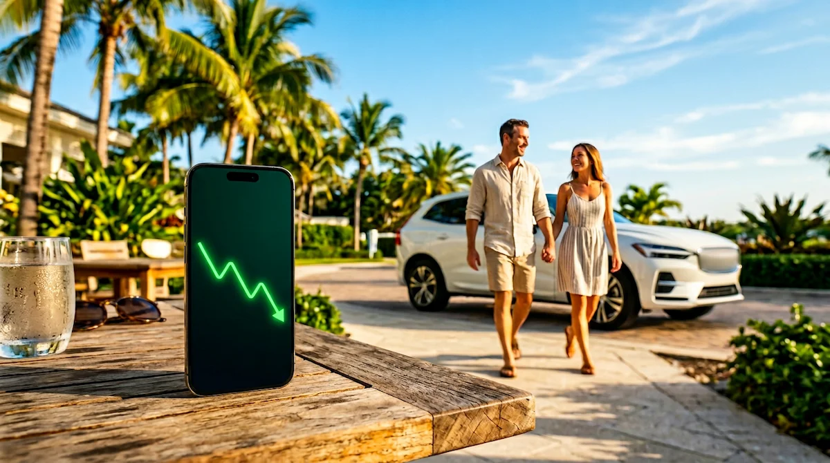 A smartphone resting on a table displaying a glowing green price-drop arrow, with a happy couple walking towards a white hire SUV under Florida palm trees in the background.