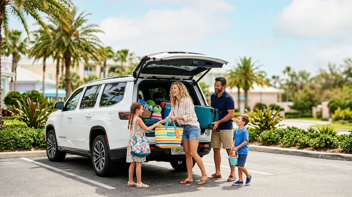 A smiling family of four packing colourful suitcases and beach bags into the open boot of a white SUV hire car in a sunlit Florida resort parking lot with palm trees.