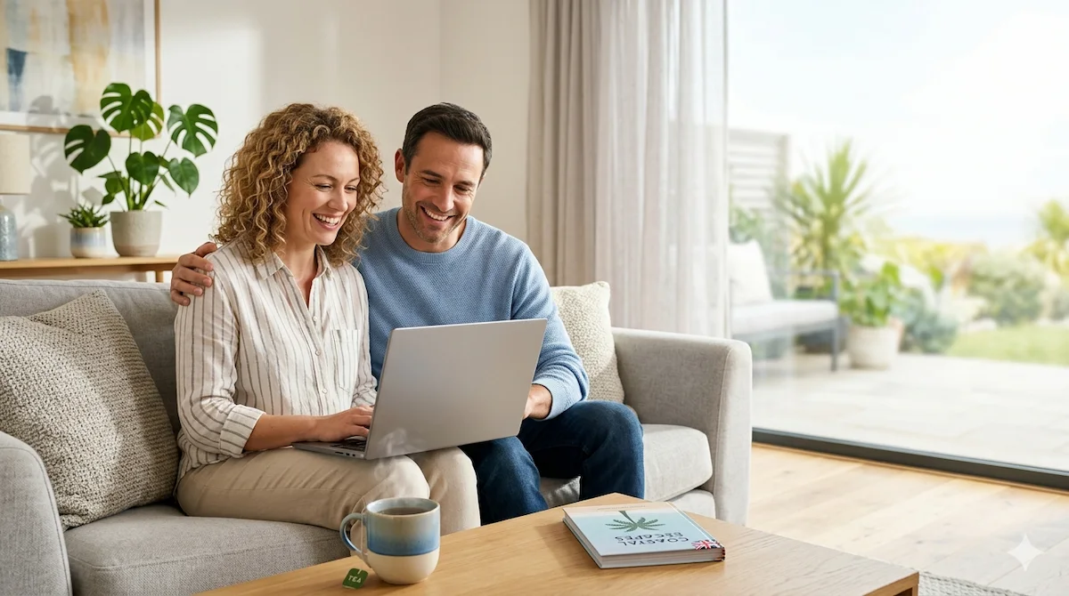 A smiling couple sitting on a living room sofa, happily looking at a laptop together to plan a holiday, with a mug of tea and a travel book titled 'Coastal Escapes' on the coffee table.